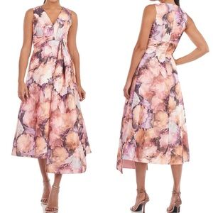 Kay Unger NWT Lani Midi Dress 2 Soft Orchid watercolor floral pockets asymmetric